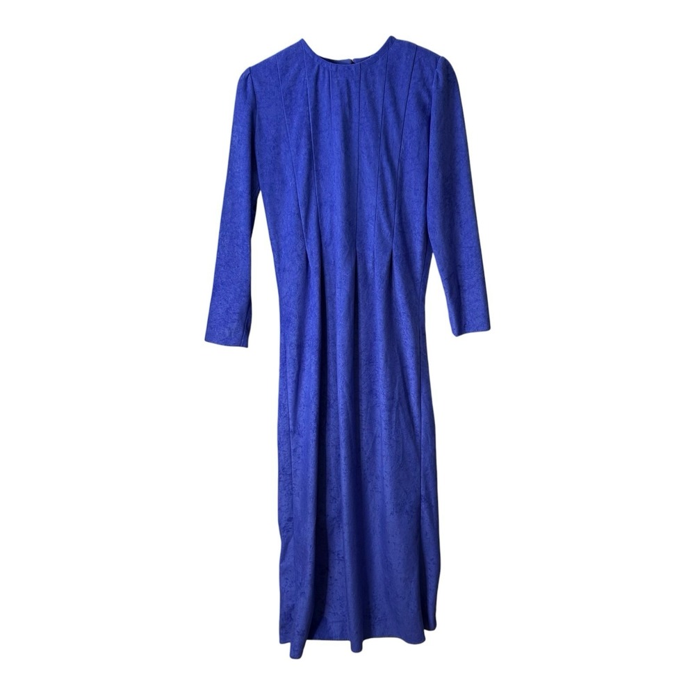 Vintage Women's Small Cobalt Blue Faux Suede Long Sleeve Maxi Midi Dress